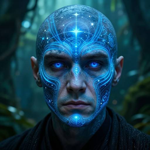 Photograph of a bald man with glowing blue, intricate light patterns on his face and forehead, set against a dark forest background. Blue eyes match the