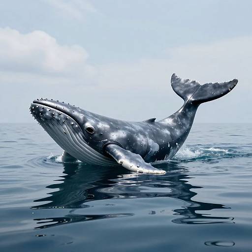 Photograph of a large, gray, surfacing humpback whale with water droplets, in calm, reflective ocean waters under a bright, cloudy