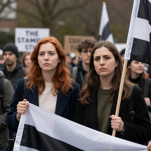 Serious Protesters with Flags in Focus
