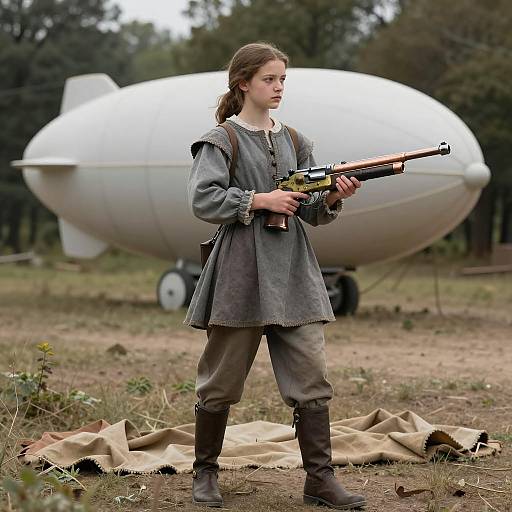 Teen Girl Holding Vintage Copper and Brass Pistol by Dirigible