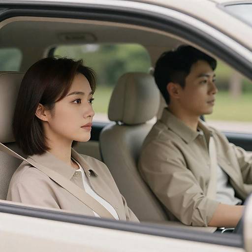 Asian Couple Driving in Beige Car