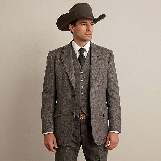 Photograph of a man in a gray three-piece suit, black tie, white shirt, and black cowboy hat, standing against a plain white background.