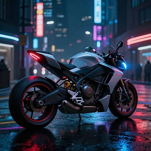 Photograph of a sleek, black and white sport motorcycle with red and blue lights on a rainy, neon-lit urban street.
