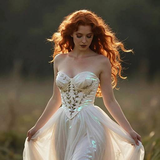 Photograph of a red-haired woman in a shimmering white strapless gown, standing in a sunlit field, holding out her dress, with a