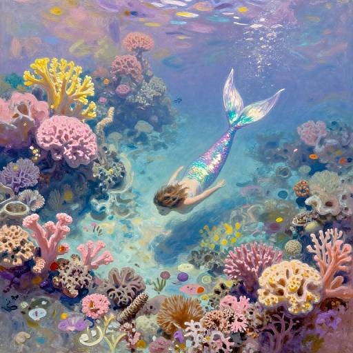 Digital painting of a mermaid with a shimmering blue tail, swimming among vibrant coral reefs in a clear, sunlit ocean.