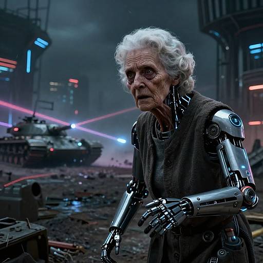 Photorealistic CGI of an elderly, white-haired woman with robotic limbs in a dark, futuristic, war-torn cityscape with neon lights and tank