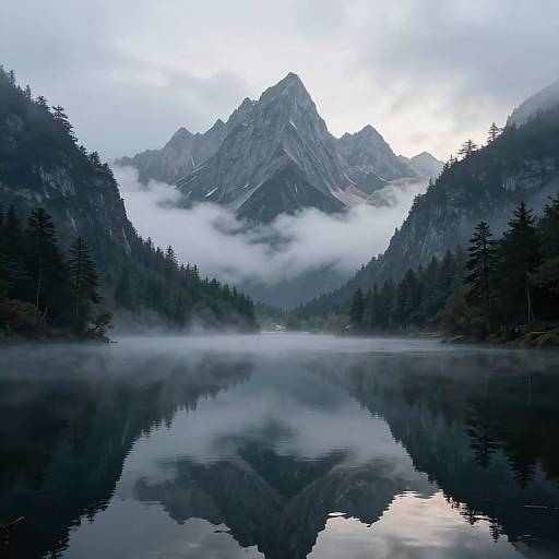 Photograph of a serene mountain landscape with jagged peaks, reflected in a calm, mist-covered lake, surrounded by dark evergreen trees.