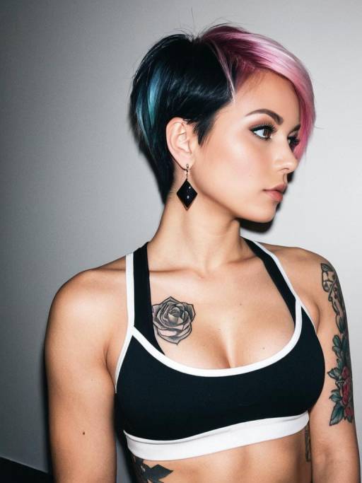 Young Woman with Two-Tone Hair and Tattoos in Sports Bra