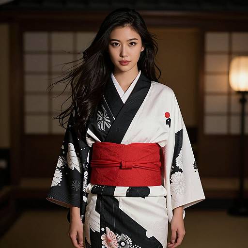 East Asian woman in black and white floral kimono with red obi, standing in dimly lit traditional Japanese room. Photograph.