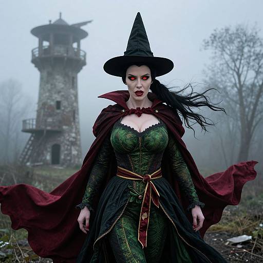 Dramatic Witch in Foggy Northern Tower