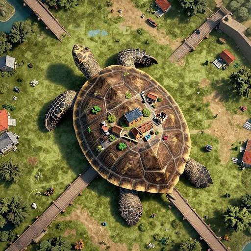 Aerial CGI of a giant turtle with a detailed shell, housing a miniature village, surrounded by green grass, pathways, and small red-roofed