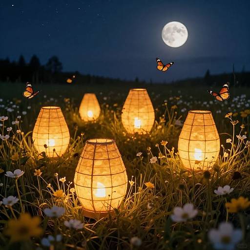 Glowing Beehive Lanterns in Wildflowers