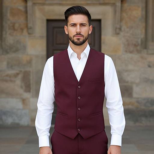 Photograph of a handsome man with short black hair and beard, wearing a white shirt and maroon vest, standing in front of a stone building.