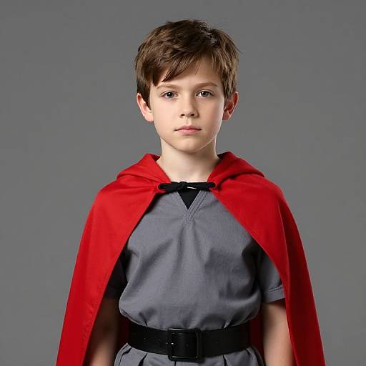 Photograph of a young boy with short brown hair, wearing a gray tunic, black belt, and a bright red cape, standing against a plain