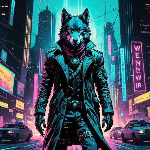 Cybernetic Wolf Ranger in Neon Cityscape
