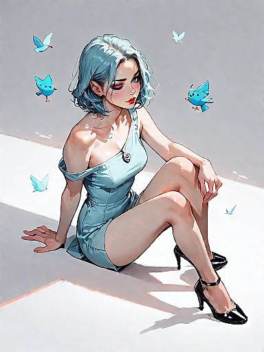 Chic Woman in Light Blue Mini Dress with Birds