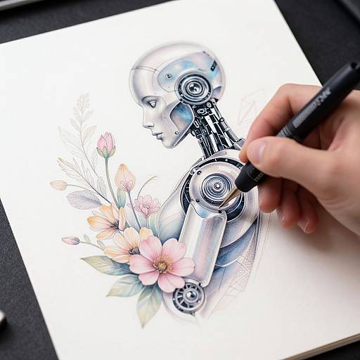 Photograph of a hand drawing a robotic figure with intricate gears and flowers using a black marker on white paper.