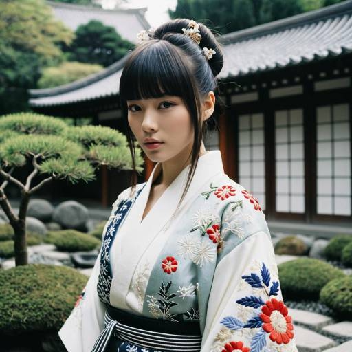 Fashion Model in Embroidered Kimono in Zen Garden