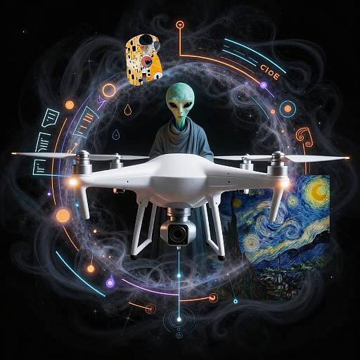 Photograph of a futuristic drone with glowing lights, operated by a ghostly, hooded figure, set against a cosmic, digital Starry Night backdrop