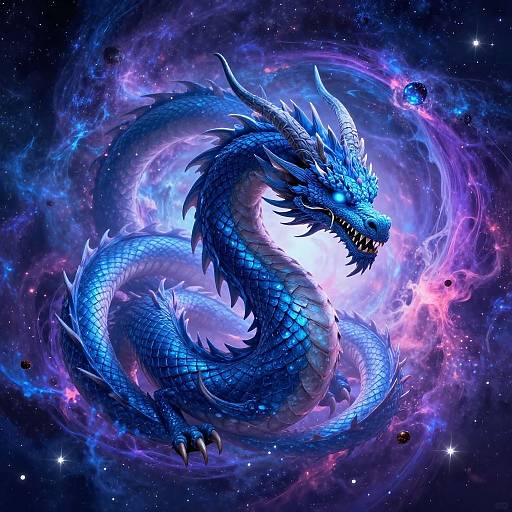 Digital artwork of a vivid blue, serpentine dragon with glowing eyes and sharp teeth, swirling through a colorful, cosmic nebula.