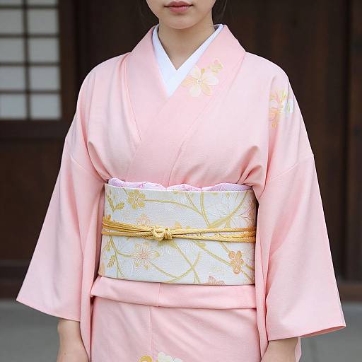 Photograph of a young woman in a pink kimono with white and gold floral obi, standing in front of a traditional wooden building.
