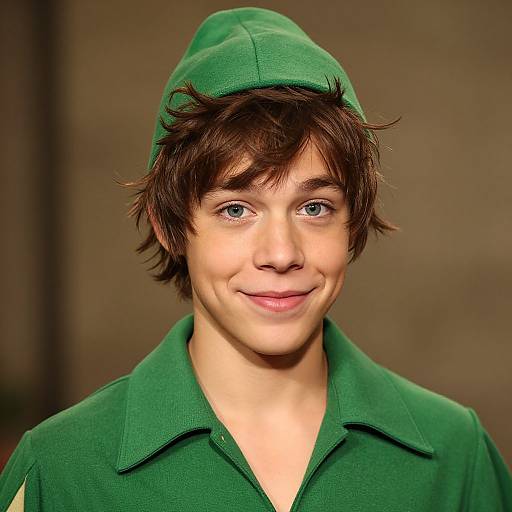 Photograph of a young boy with green eyes, wearing a green hat and green collared shirt, smiling slightly, against a blurred brown background.