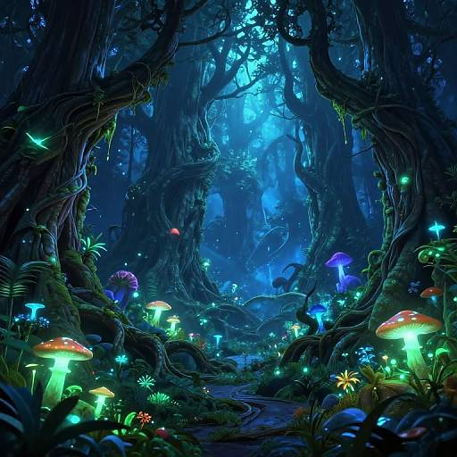 Digital fantasy forest scene with glowing blue and green mushrooms, bioluminescent plants, and vibrant, luminescent forest floor under a starry,