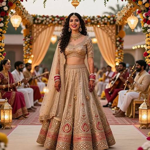 Photograph of a beautiful Indian bride in a gold and red traditional lehenga with intricate embroidery, standing confidently on a decorated runway, surrounded by musicians and