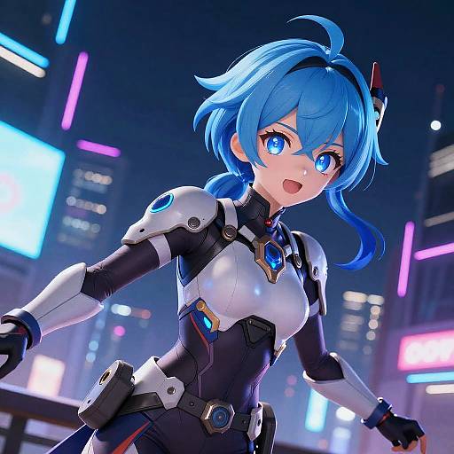 CGI anime-style image of a blue-haired, blue-eyed female cyborg with a white and black futuristic suit, smiling in a neon-lit city