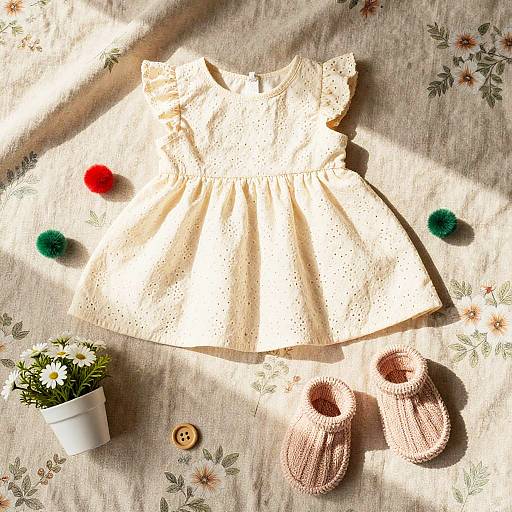 Photograph of a cream lace dress with red and green pom-poms, pink knit shoes, white pot of daisies, and button on floral