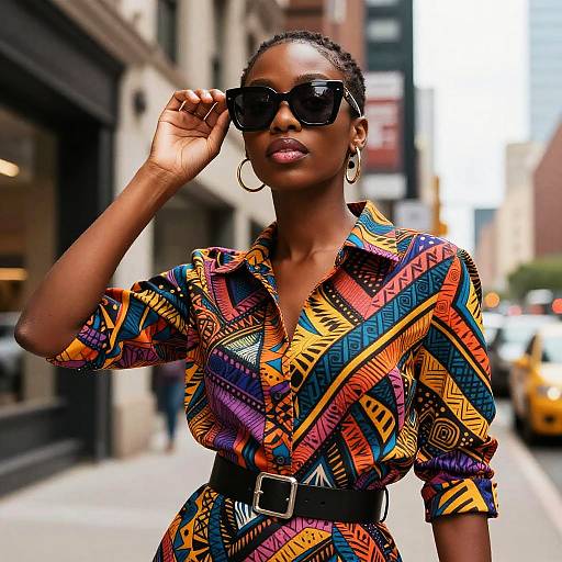 Photograph of a confident Black woman in vibrant, geometric-patterned dress, black belt, large black sunglasses, hoop earrings, adjusting her glasses on a