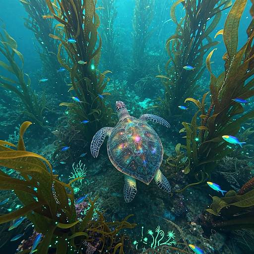 Photograph of a sea turtle with speckled shell swimming amidst vibrant blue fish, yellow-brown seaweed, and glowing coral in a clear,