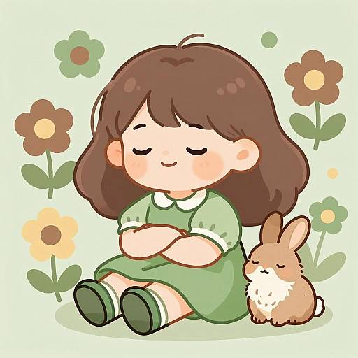 Charming Girl and Relaxed Rabbit Illustration
