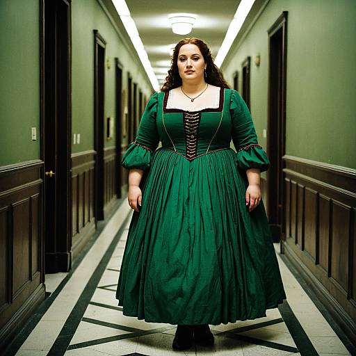 Photograph of a woman with curly dark hair, wearing a green, Victorian-style dress with corset lacing, standing in a dimly lit,