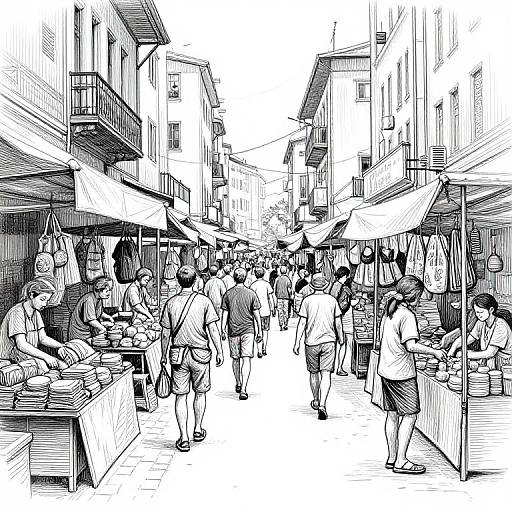 Black-and-white ink drawing of a bustling outdoor market street with vendors, customers, and narrow buildings on both sides.