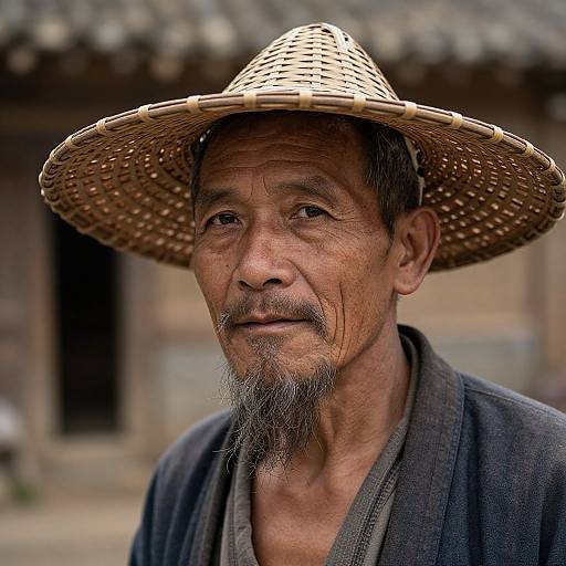 Photograph of an elderly Asian man with a weathered face, gray beard, and mustache, wearing a large woven straw hat and dark robe,