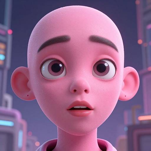 CGI close-up of a bald, pink-skinned, wide-eyed child with large brown eyes, small nose, and parted lips, set in a