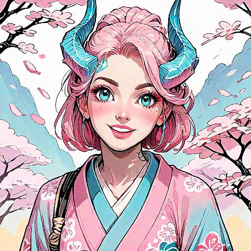 Anime Girl in Pink Kimono with Blue Horns