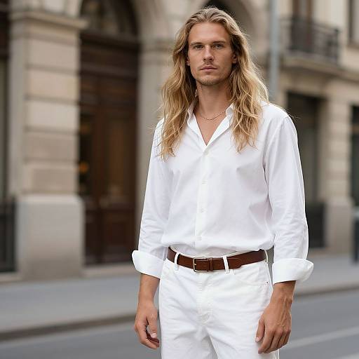 Blonde Man in White Outfit on Street