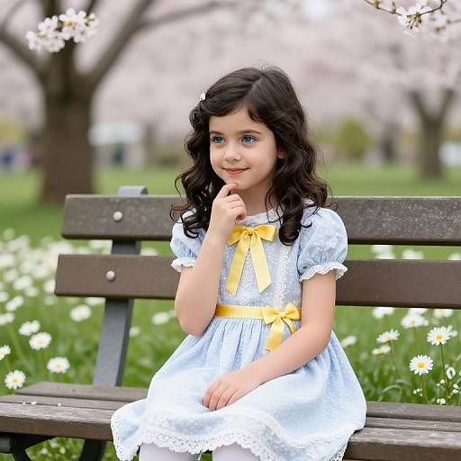 Photograph of a young girl with curly black hair, blue eyes, wearing a white lace dress with a yellow ribbon, sitting on a wooden bench in