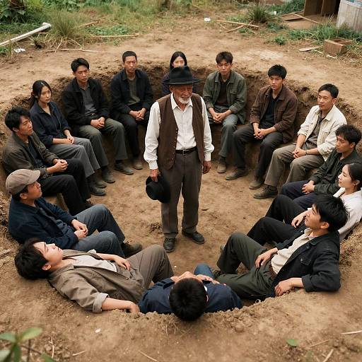 Elderly Man Amidst Diverse Group in Pit