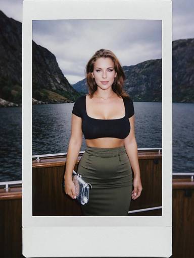 Photograph of a confident woman with wavy brown hair, wearing a black crop top and olive green skirt, holding a metallic clutch, standing on a