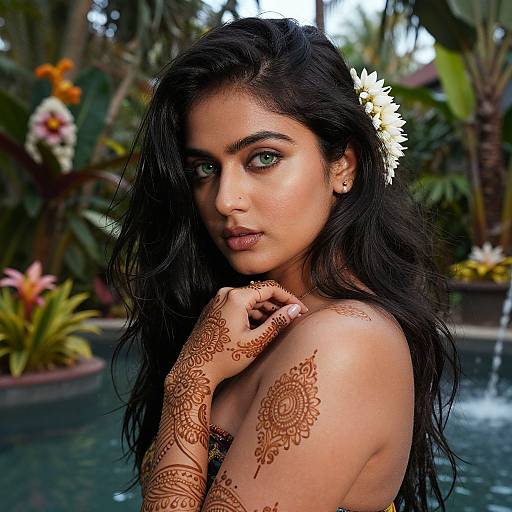 Photograph of a beautiful, dark-haired woman with green eyes, wearing white flower in hair, henna tattoos on arms, standing by a tropical pool