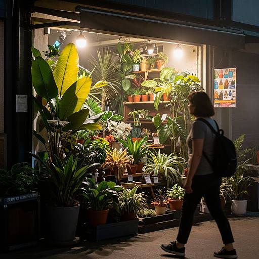 Photograph of a brightly lit urban plant shop at night, with a woman in a grey shirt and backpack walking by, large potted plants, and