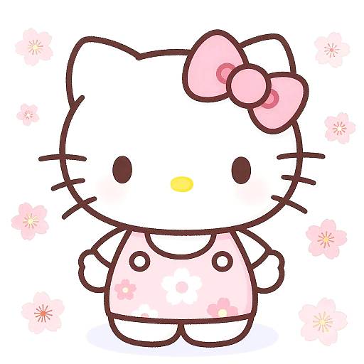 Digital drawing of Hello Kitty: white face with black eyes, pink bow, pink dress with white polka dots, yellow nose, standing against a white