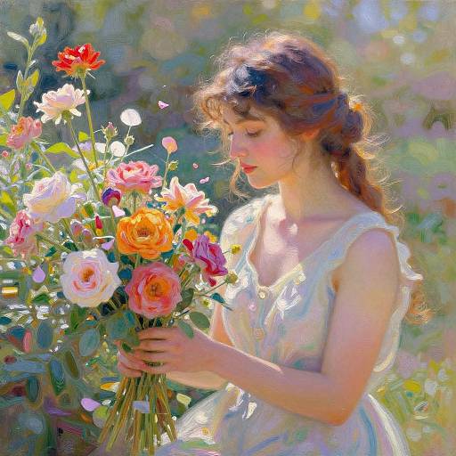 Digital painting of a fair-skinned woman with red hair, wearing a white dress, holding a vibrant bouquet of roses and daisies in a sun