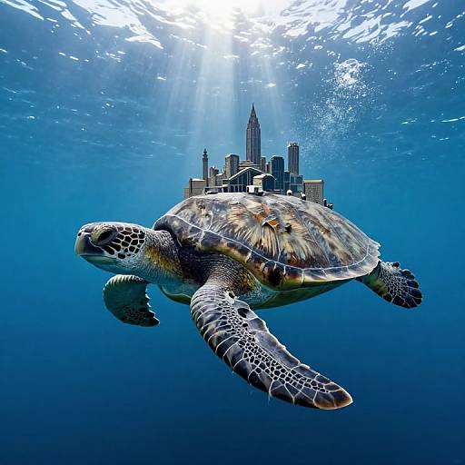 Photograph-style CGI: A detailed sea turtle with textured, patterned skin swims towards a surreal underwater cityscape with skyscrapers and sunlight filtering through