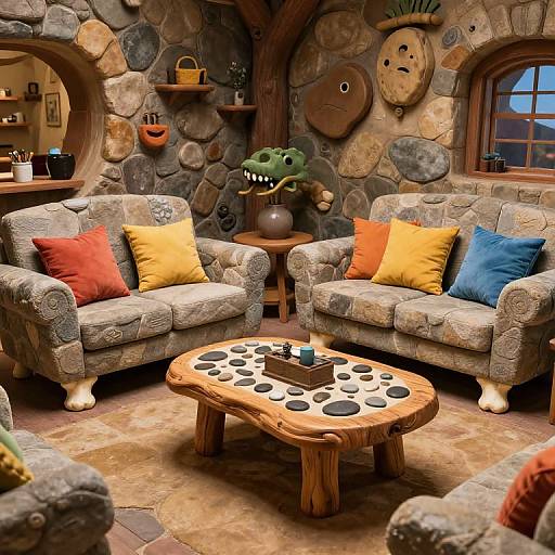 Cozy stone-walled living room with two patterned sofas, colorful cushions, rustic wooden coffee table, stone decor, and a green dinosaur lamp.