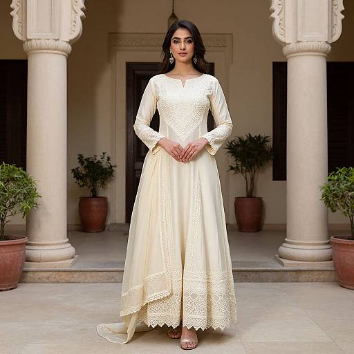 Photograph of a beautiful South Asian woman with long black hair, wearing a long-sleeve, cream-colored embroidered dress, standing in front of a