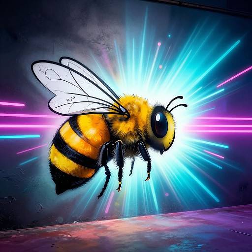 Digital artwork of a glowing bee with yellow and black stripes, neon blue and pink light rays, and translucent wings, set against a dark, textured background